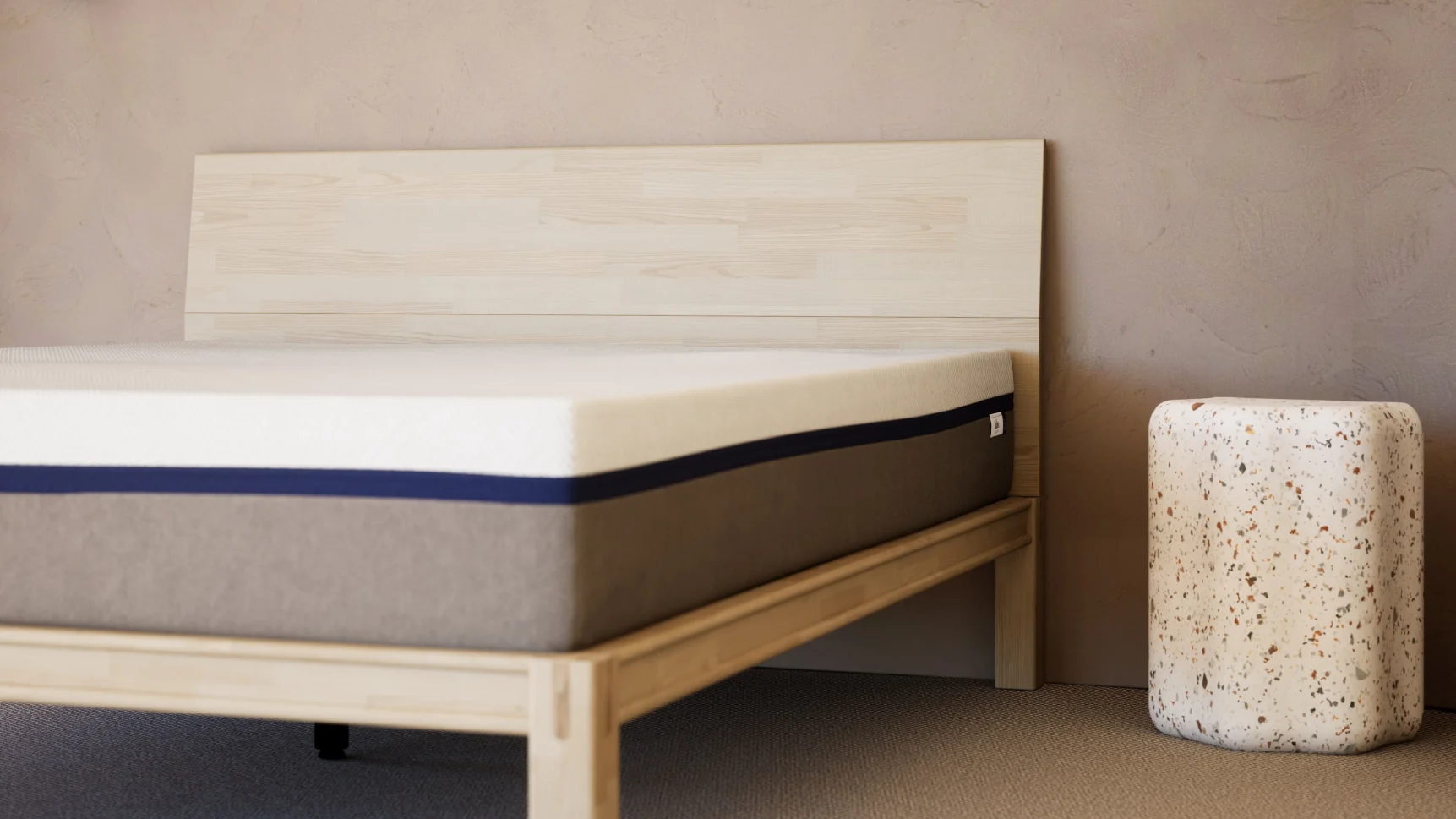 Close-up view of the bed's sturdy wooden legs and clean side panels.