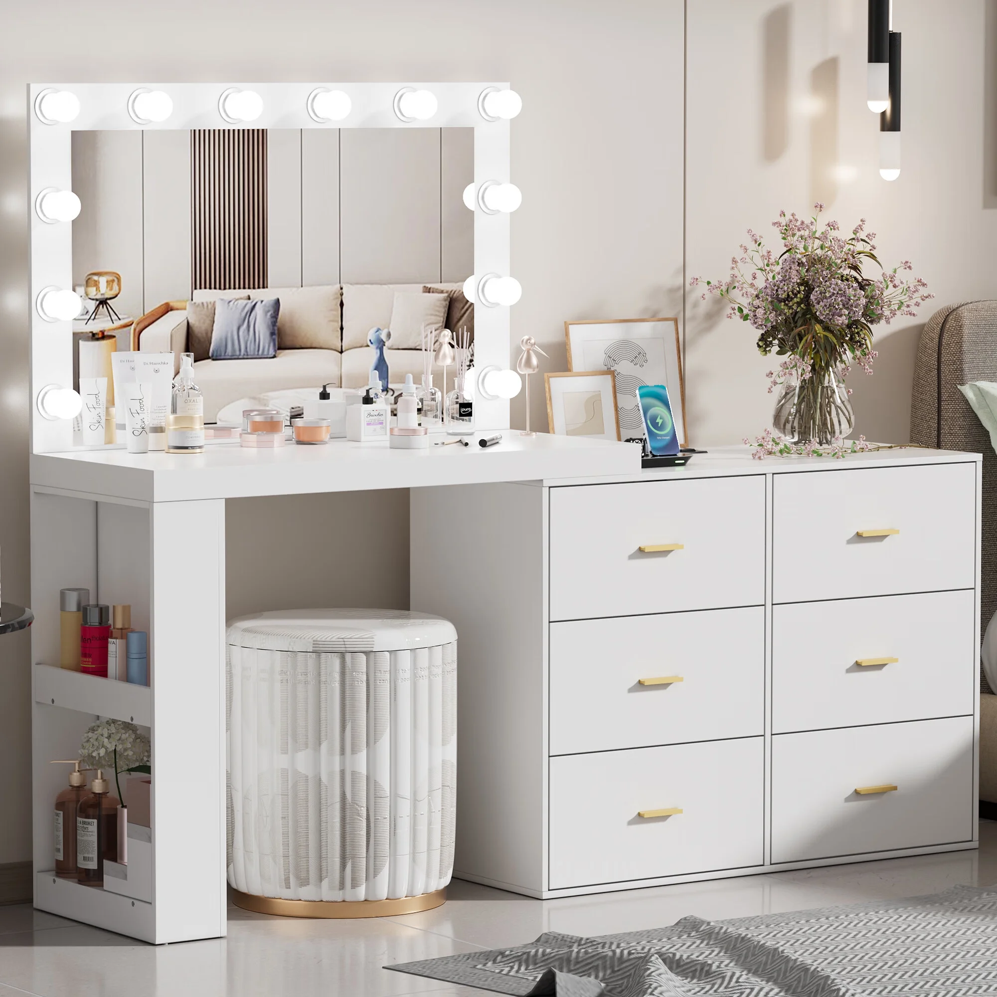 PAKASEP Makeup Vanity Desk with Mirror. 3-Color Lights. Charging Station. 6 Drawers. and Side Storage Shelves for Bedroom. White Vanity Dressing Table - Kendale Home
