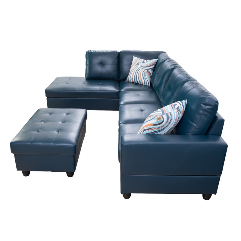 Contemporary faux leather sectional sofa with an ottoman.