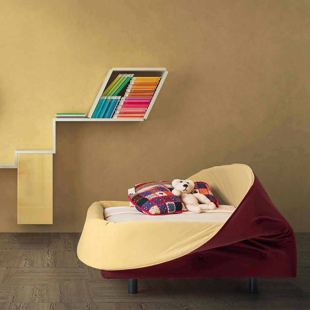 Italian inspired minimalist queen size bed with a natural woven accent.