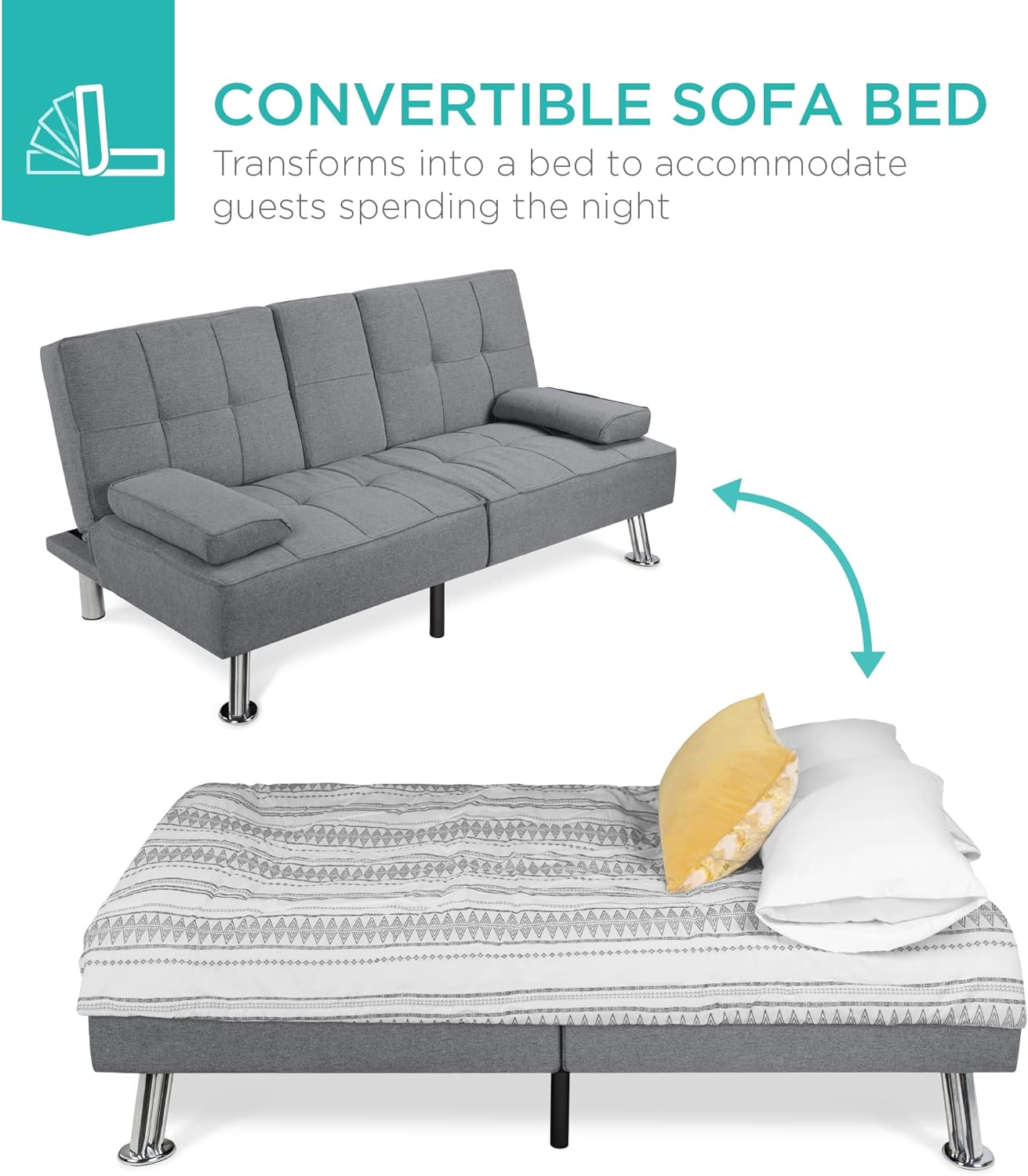 A modern linen upholstered futon in a living room.