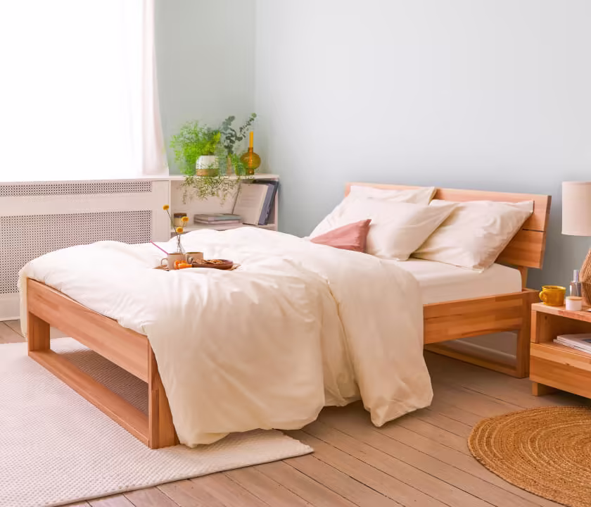 Beech wood bed base with headboard