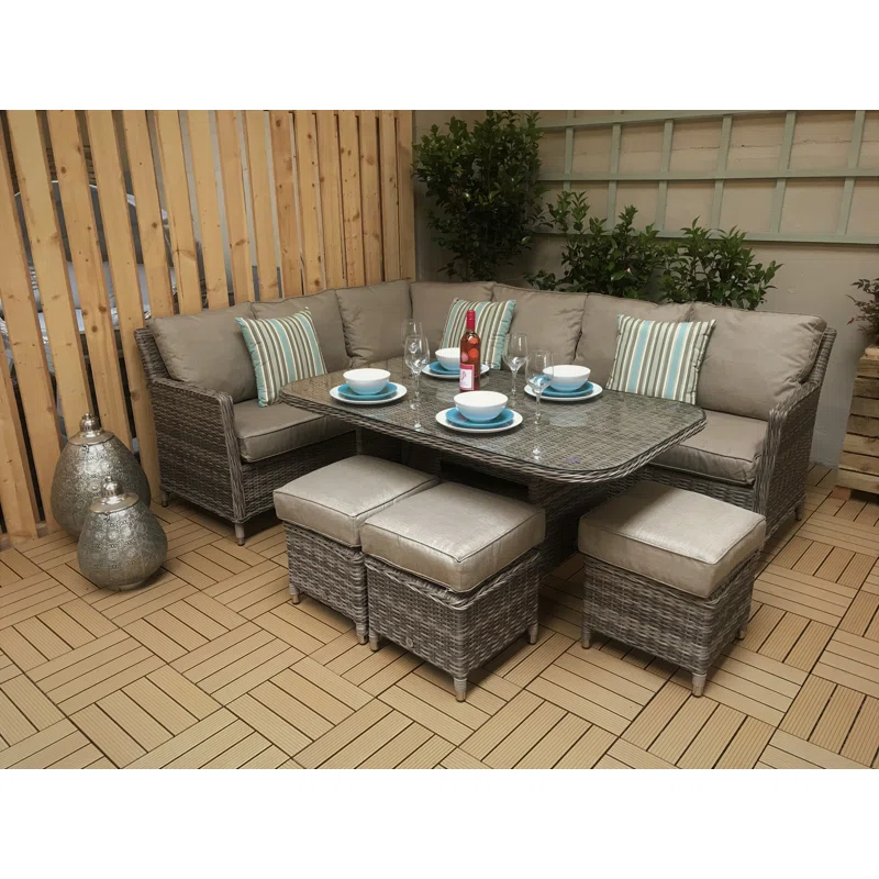Spacious outdoor sectional with beige cushions on a deck