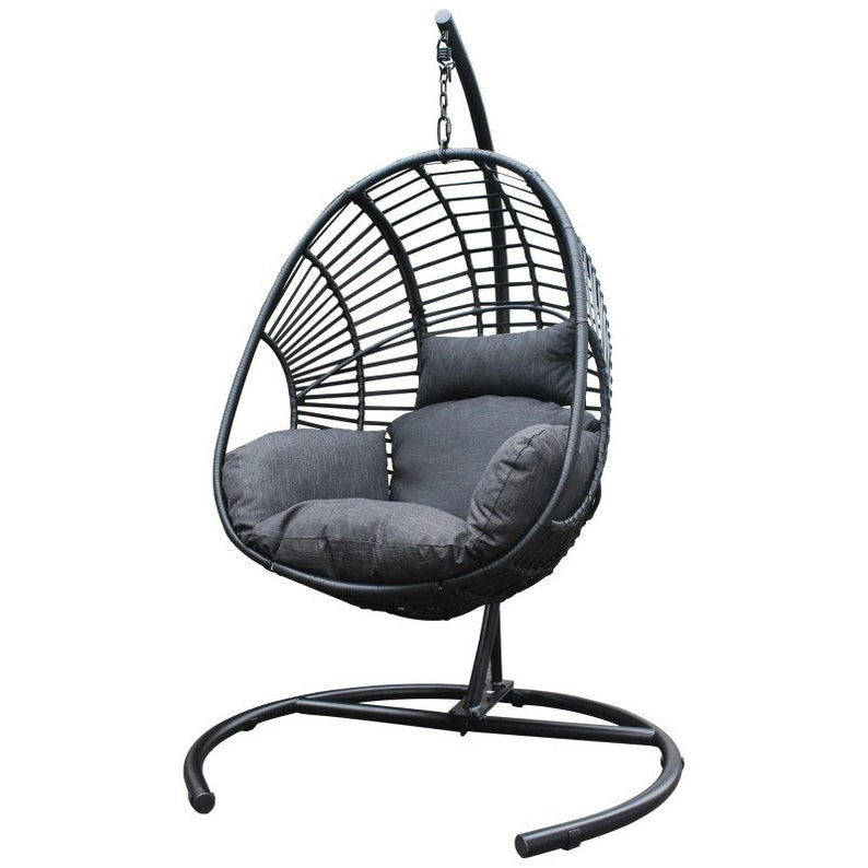 The waterproof rain cover fitted over the egg chair for protection.