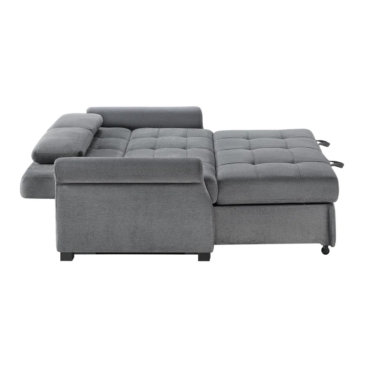 Upholstered sofa with cushions, shown in a dark gray color.