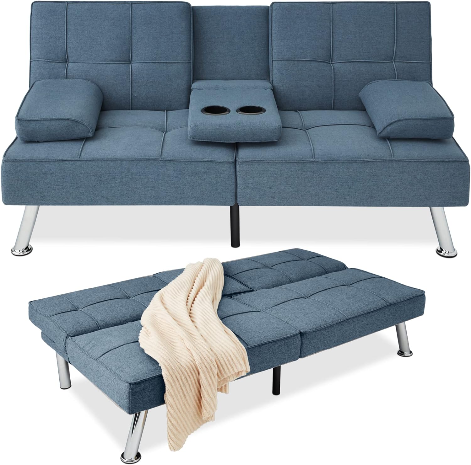 Space-saving convertible couch in a studio apartment.
