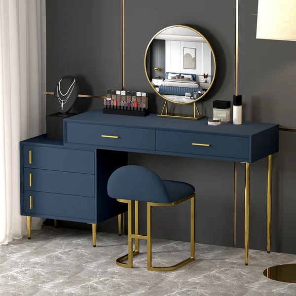 Modern Blue Makeup Vanity Set Retracted Dressing Table Cabinet&Stool&Mirror Included - Kendale Home