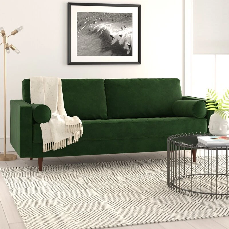 A modern 84-inch wide sofa with square arms in a living room