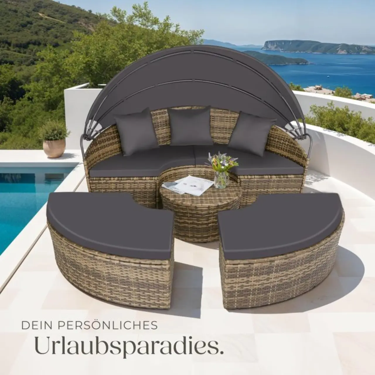 Modern outdoor sun pod lounger with beige cushion and matching footrest.