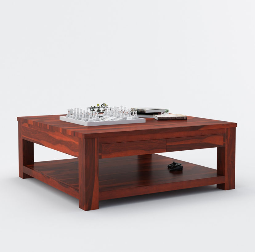 Functional large square table for sofas and lounge chairs.