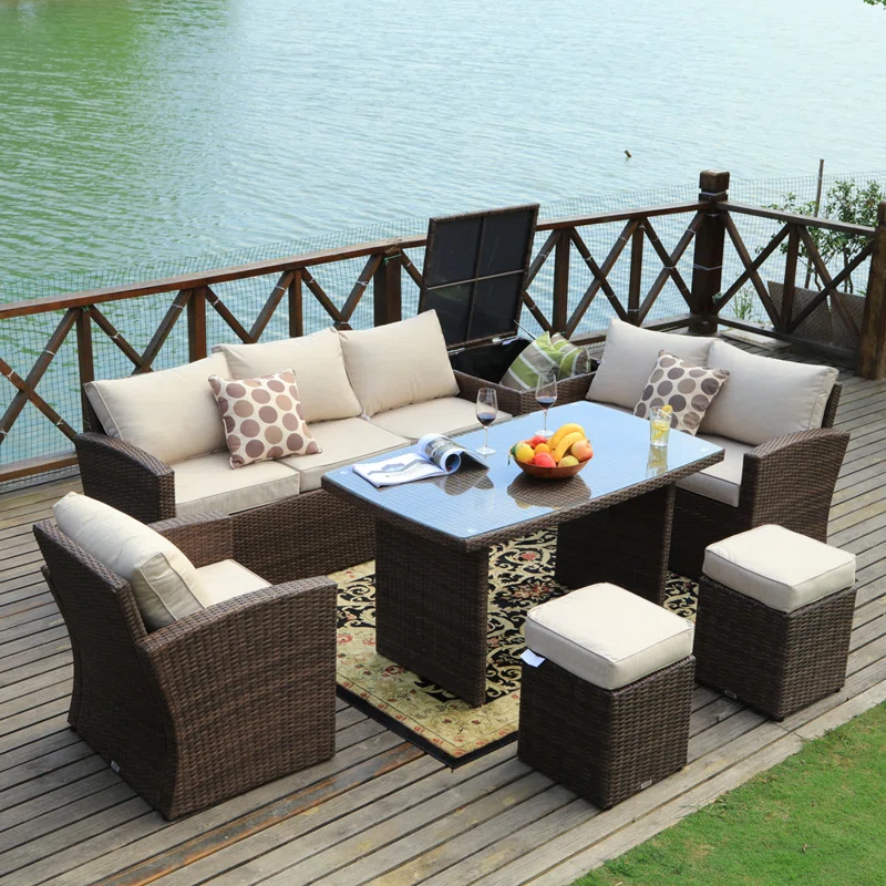 Outdoor wicker patio lounge set with cushions for eight people