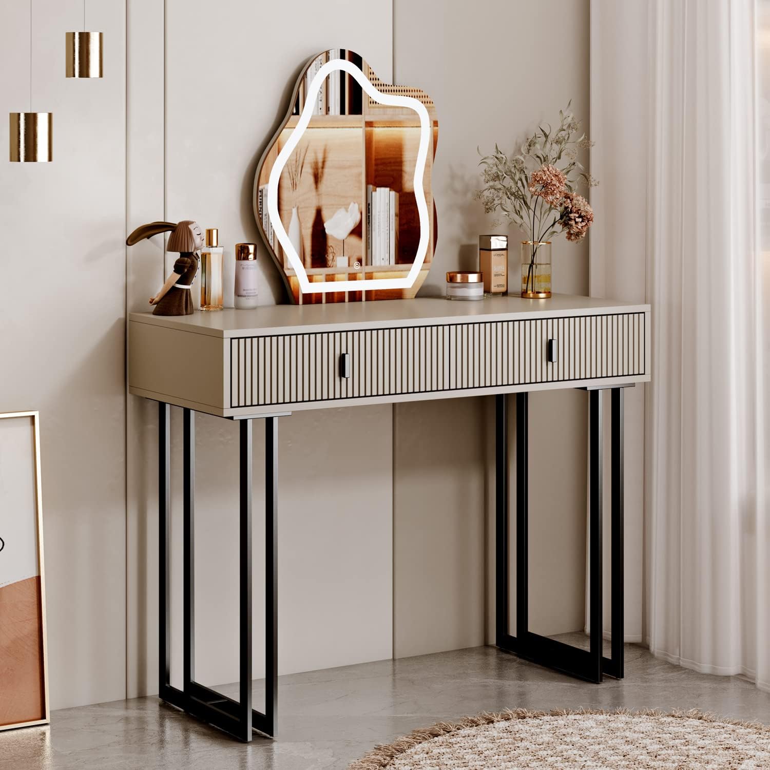 leejdn Dresser with 3 Color Touch Screen Dimming Mirror. Modern Makeup Dresser with Adjustable Cabinets and 4 Sliding Drawers. Powder Room. Bedroom Dresser Set - Kendale Home