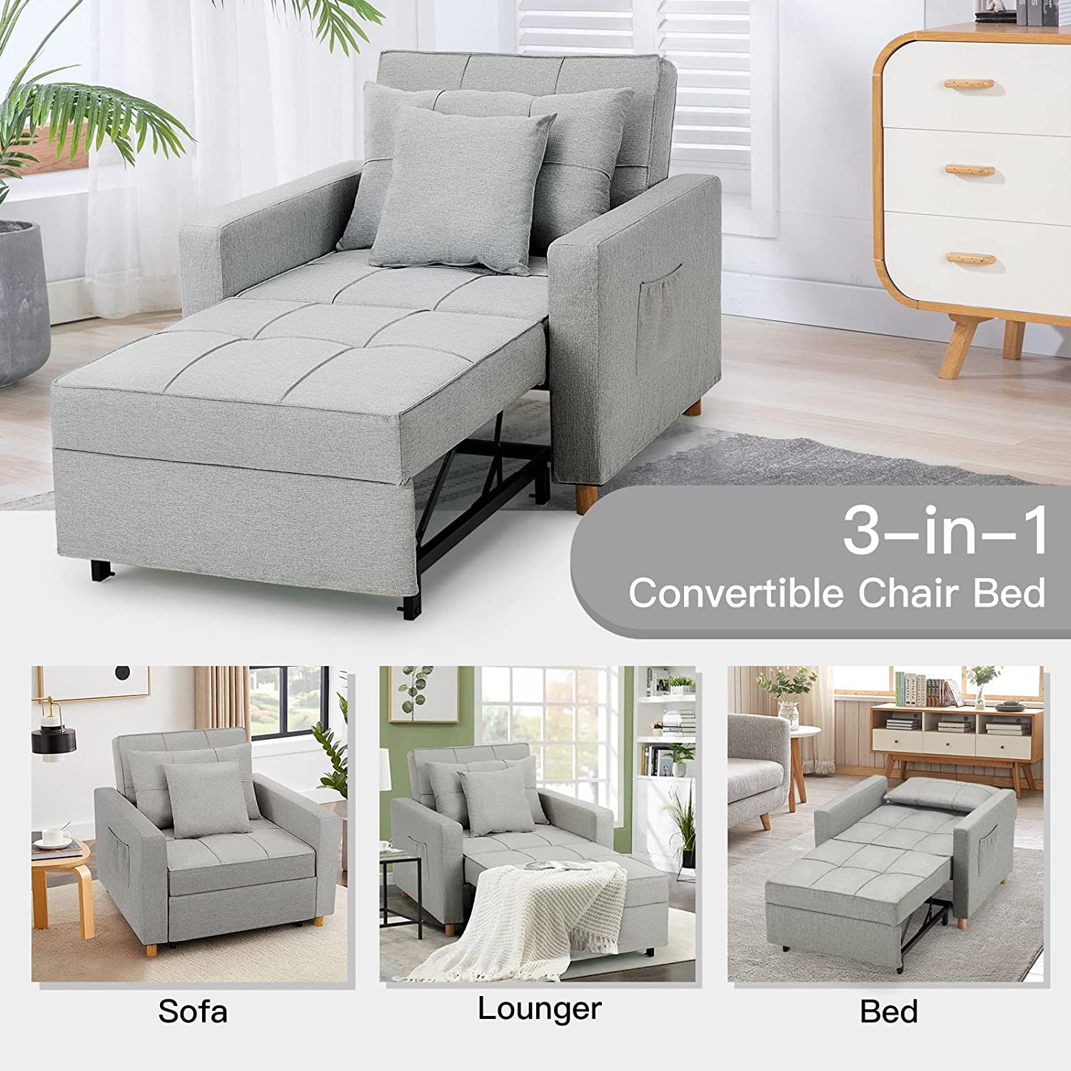 Convertible chair bed fully extended into a single bed for overnight guests.