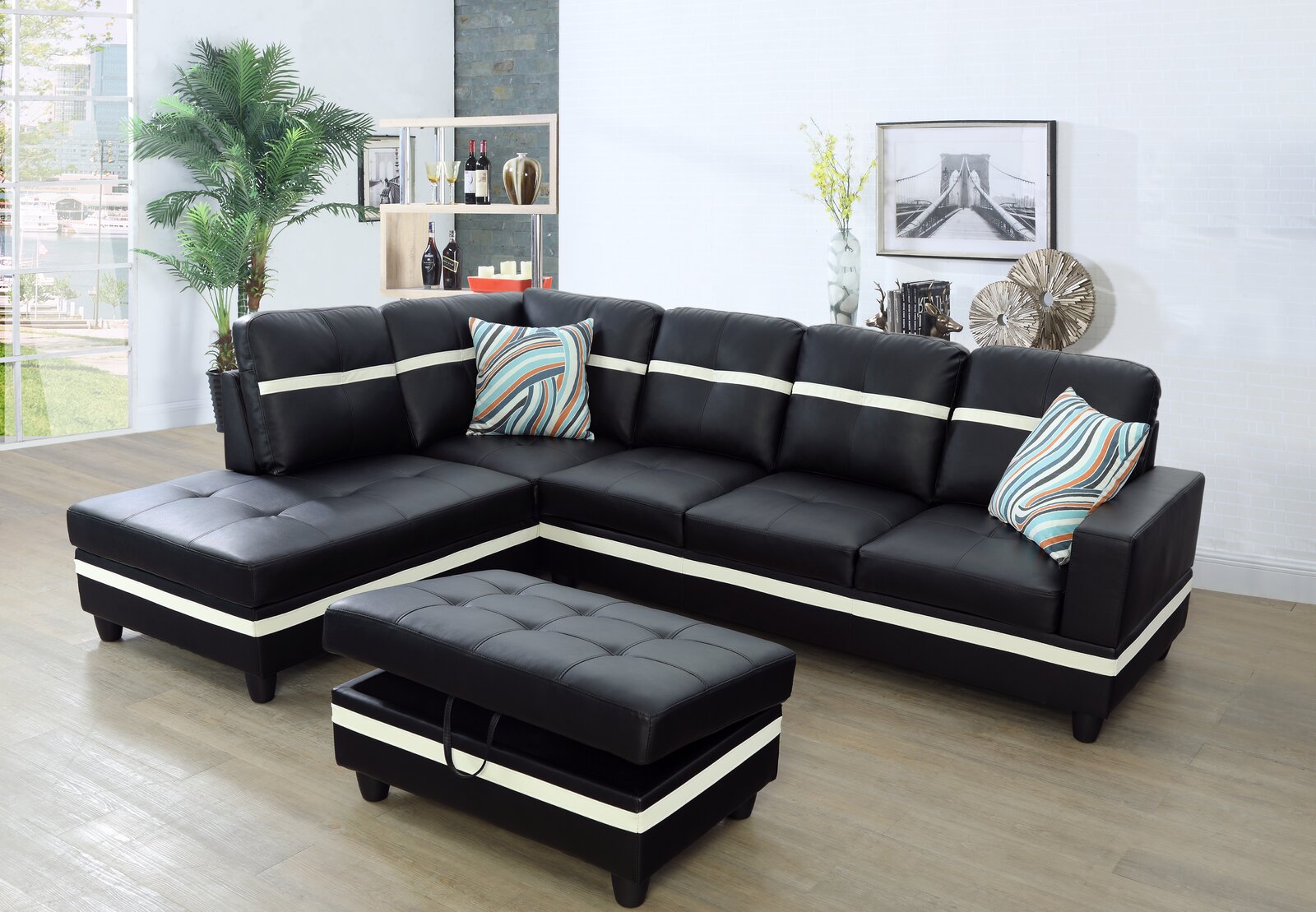 Contemporary faux leather sectional sofa with an ottoman.