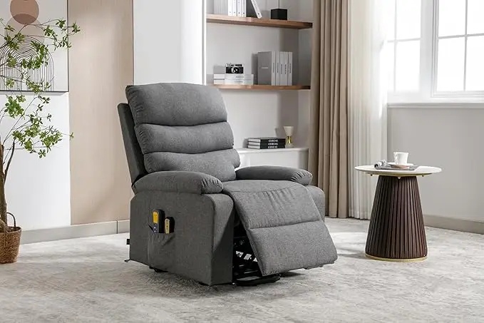 Side view of the recliner showing its padded upholstery and design