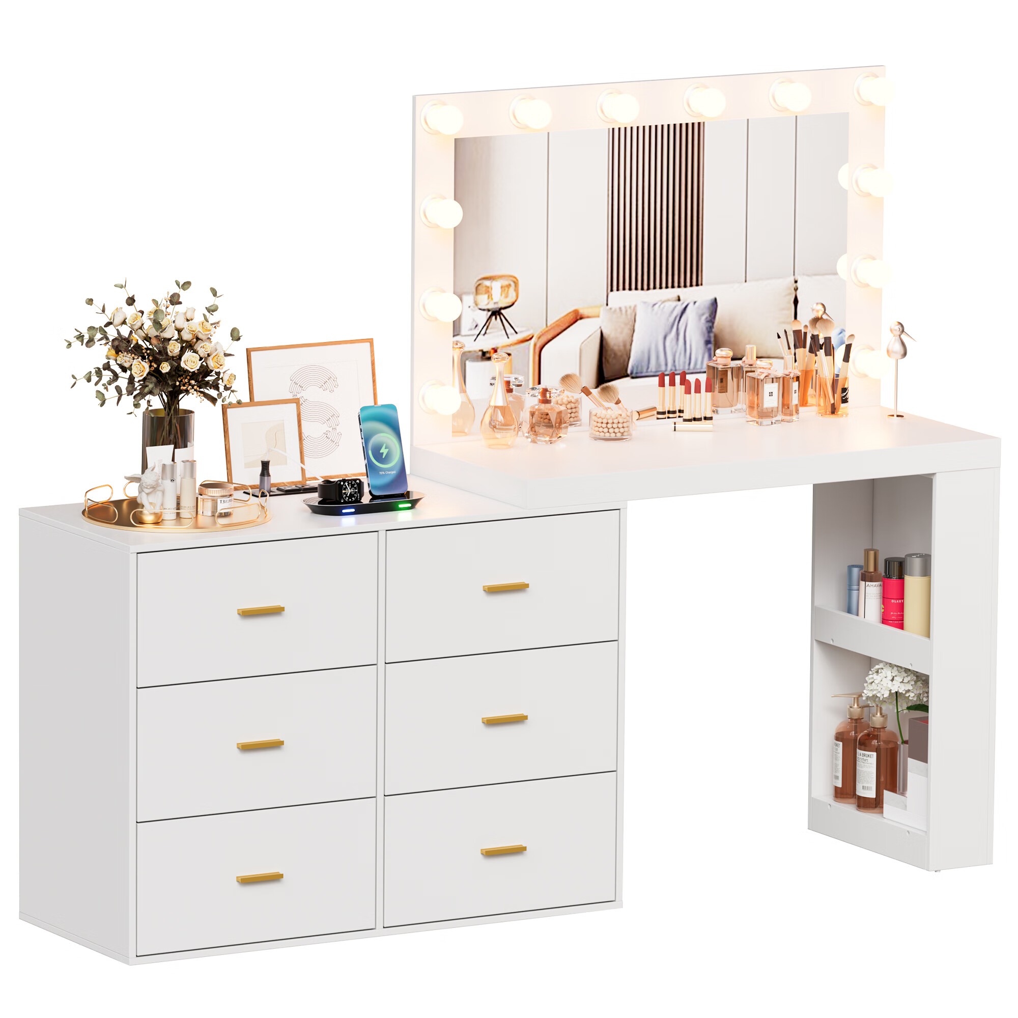 PAKASEP Makeup Vanity Desk with Mirror. 3-Color Lights. Charging Station. 6 Drawers. and Side Storage Shelves for Bedroom. White Vanity Dressing Table - Kendale Home