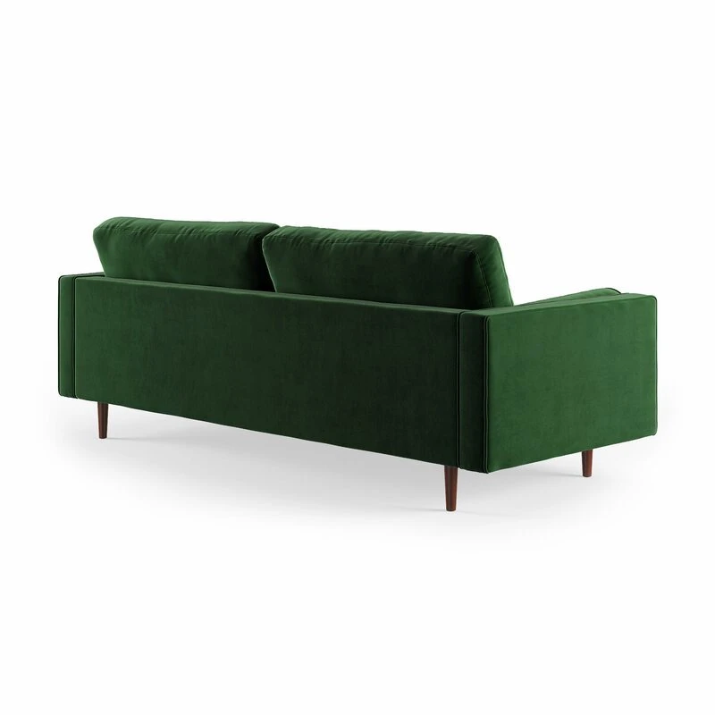 Large sofa with square arms and neutral fabric in a bright room
