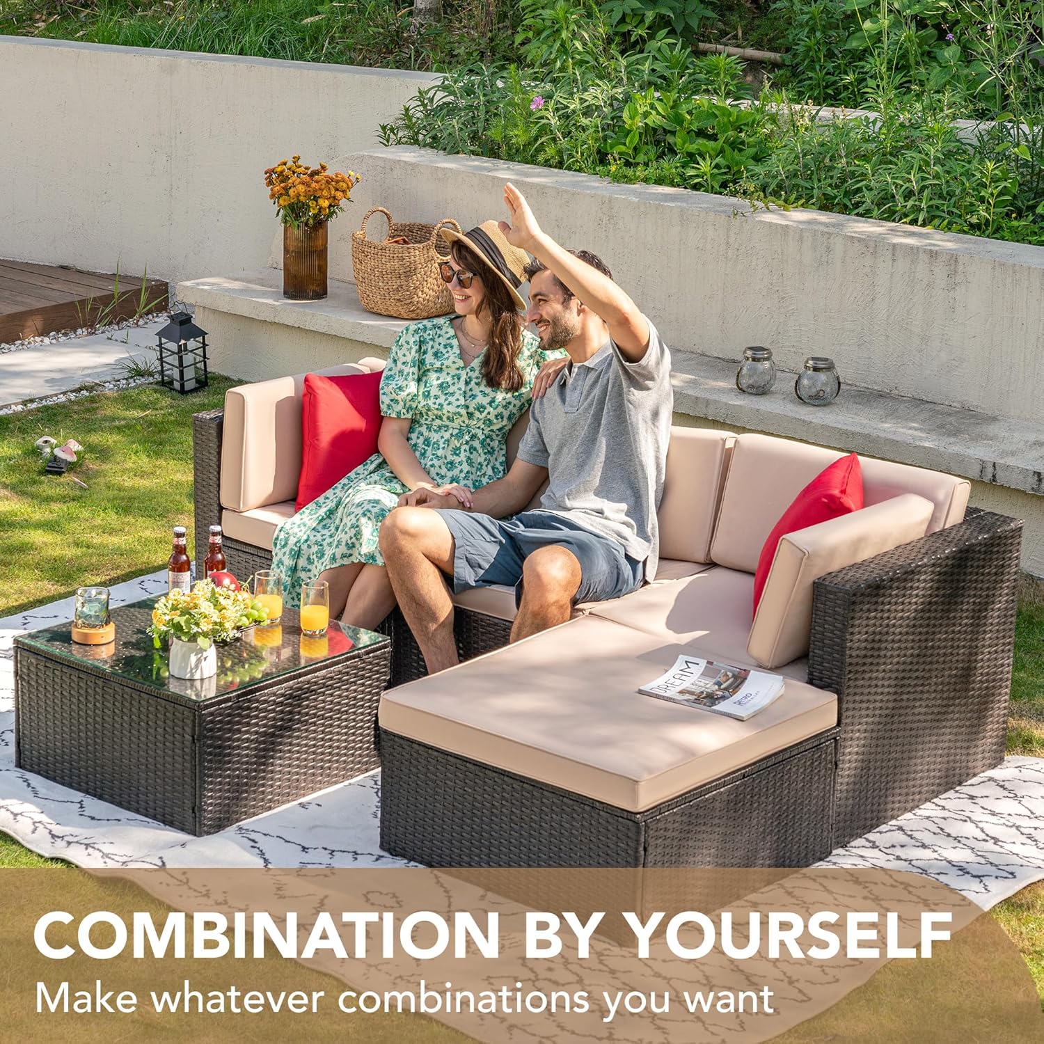 Beige outdoor sectional sofa with cushions arranged on a patio