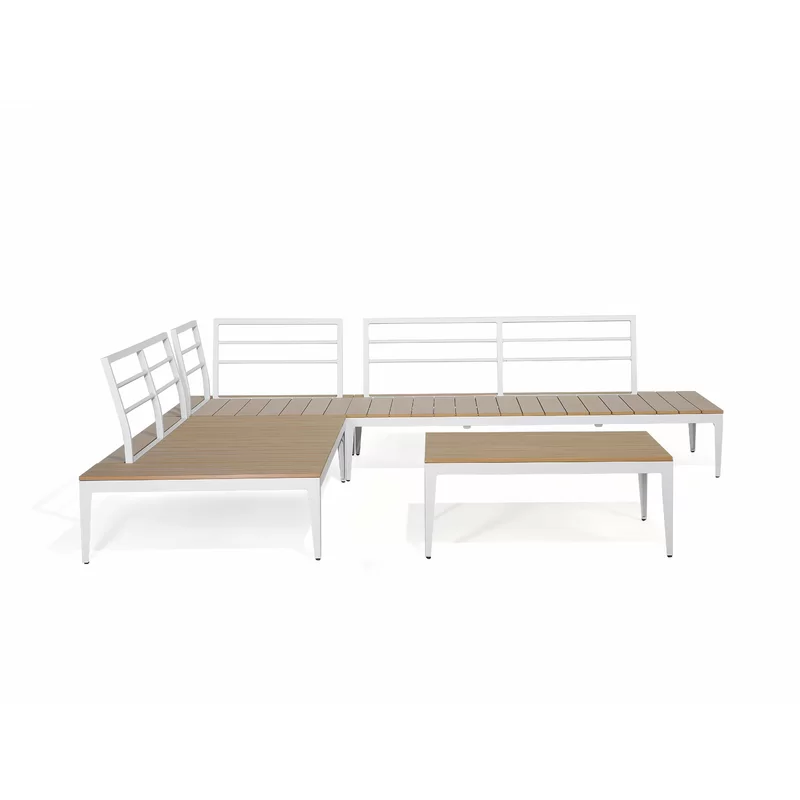 A 5-person wicker patio lounge set arranged on a stone patio.