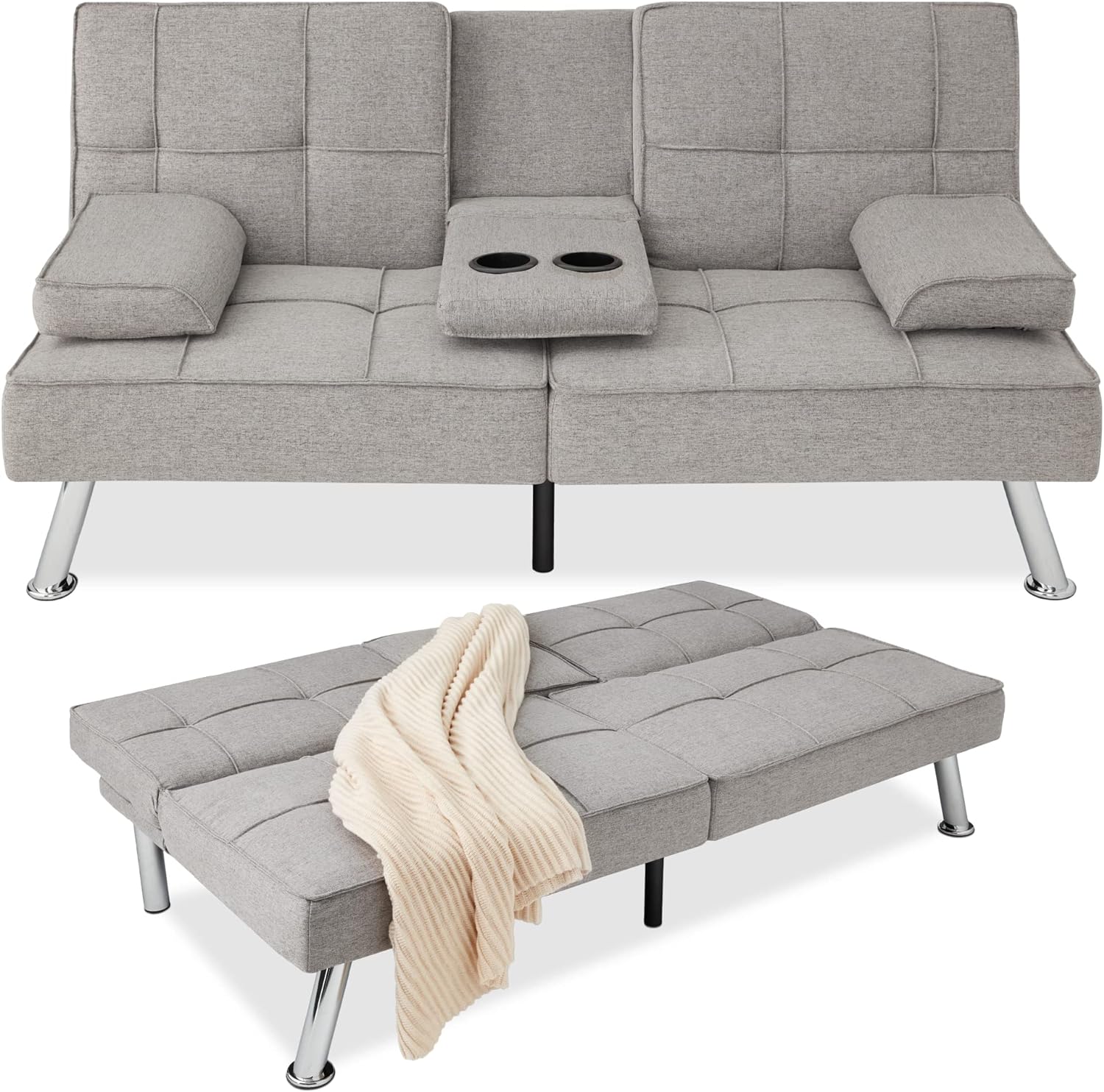 Gray linen futon with decorative pillows.