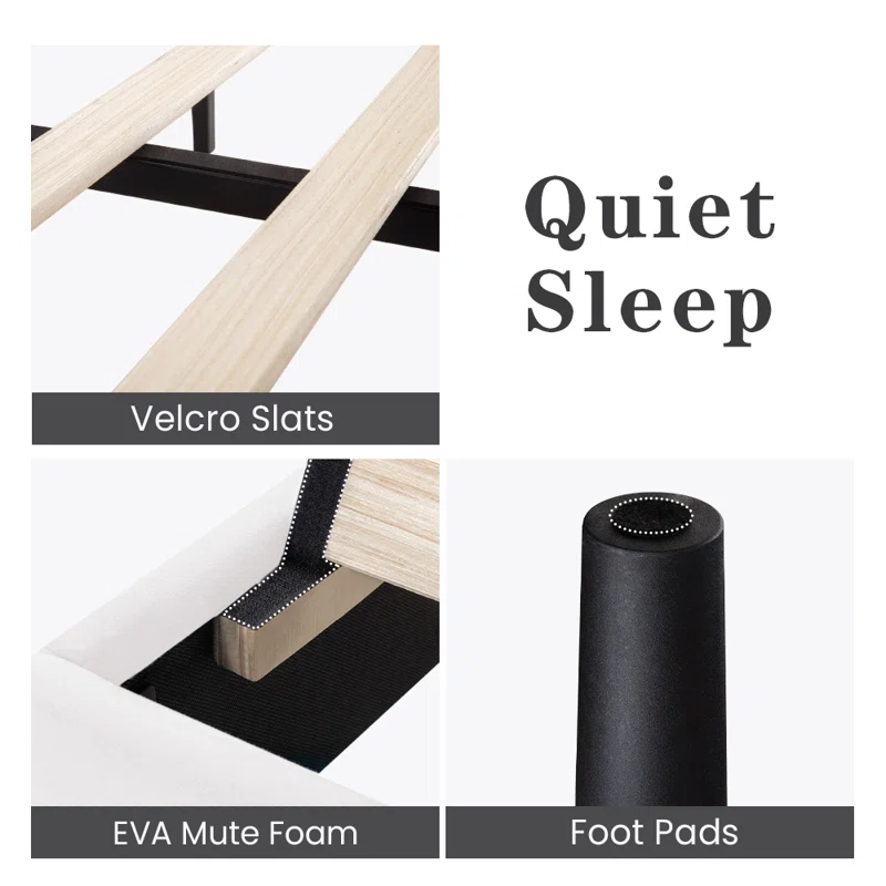 Fabric bed with a sturdy wooden slat support system.