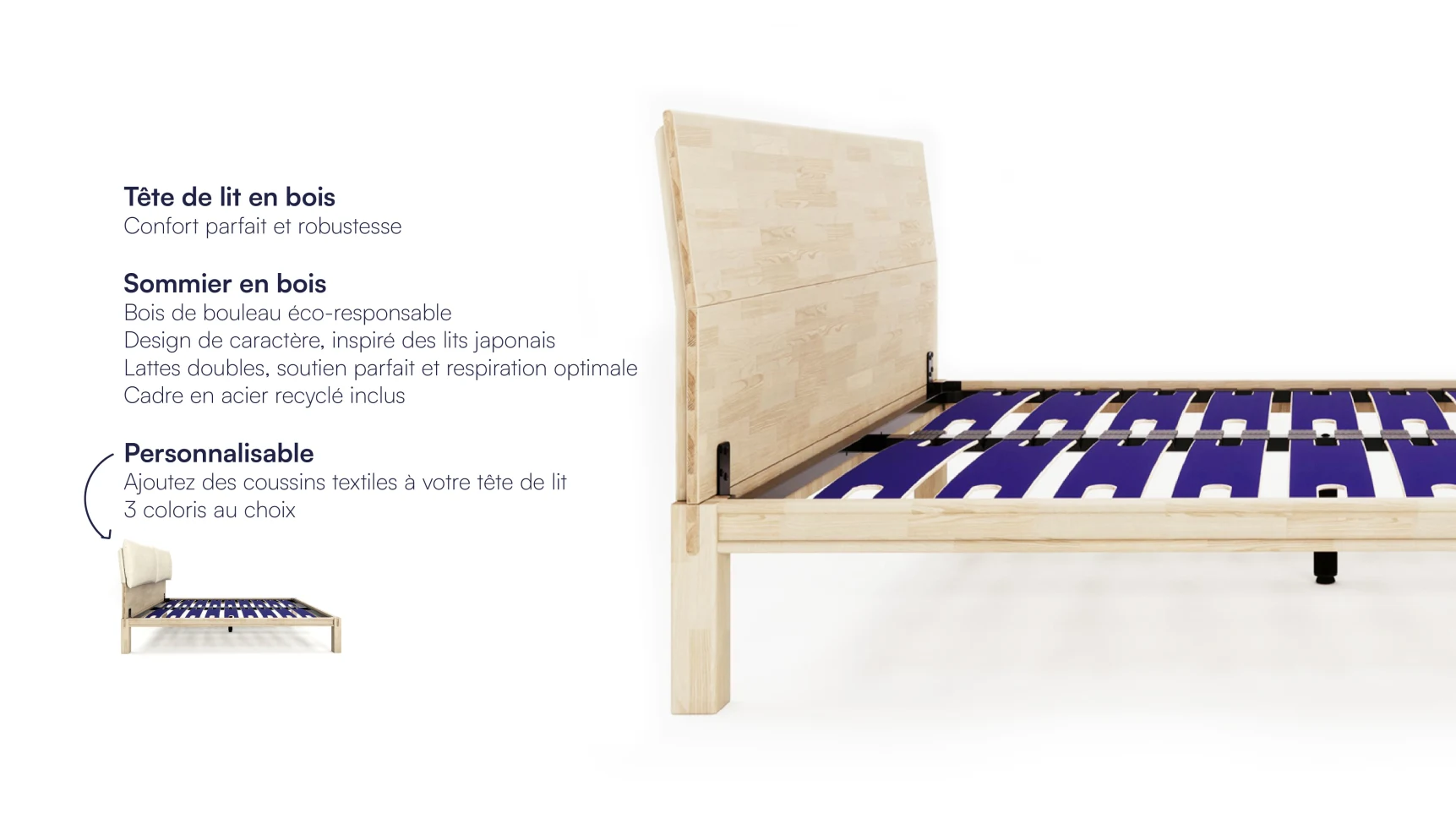 Solid wood bed frame with a tall integrated headboard in a natural finish.