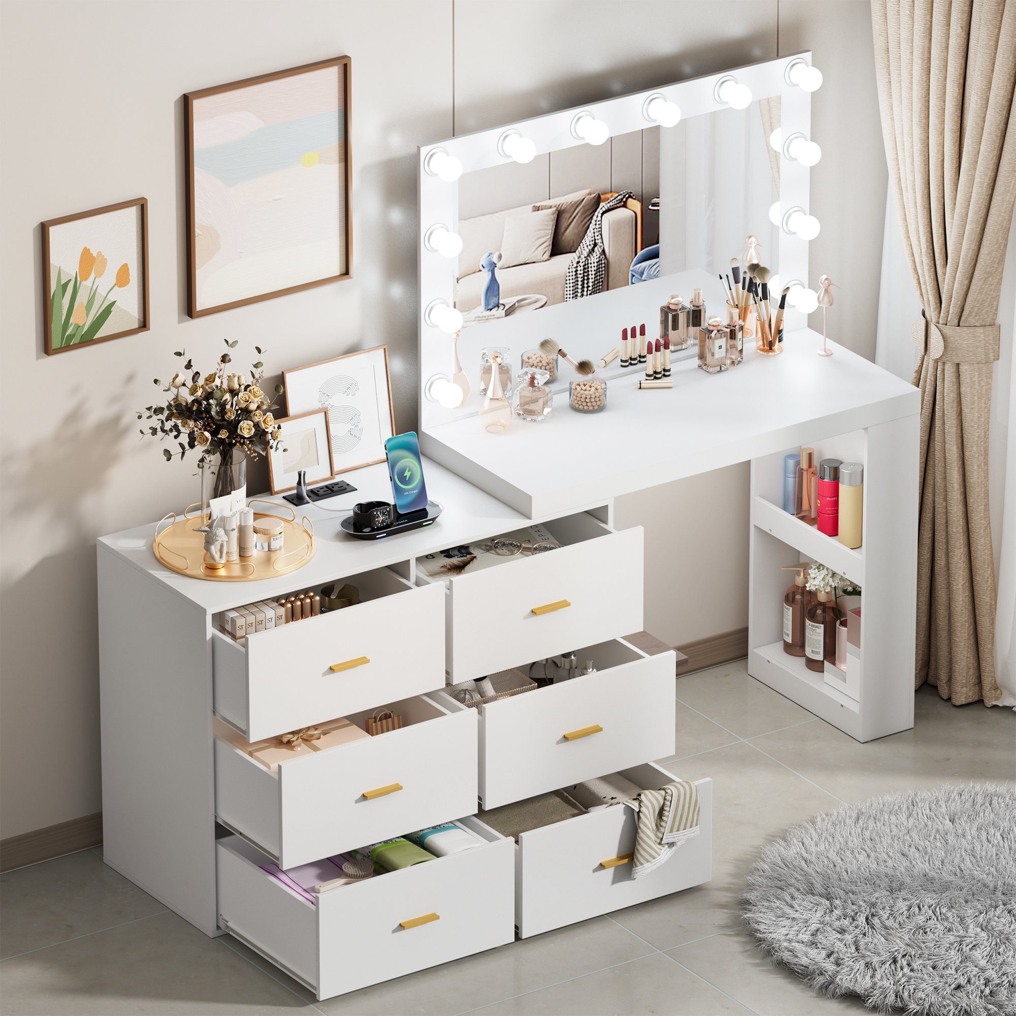 PAKASEP Makeup Vanity Desk with Mirror. 3-Color Lights. Charging Station. 6 Drawers. and Side Storage Shelves for Bedroom. White Vanity Dressing Table - Kendale Home