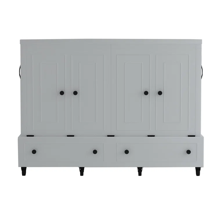 Rolling cabinet bed with mattress partially opened