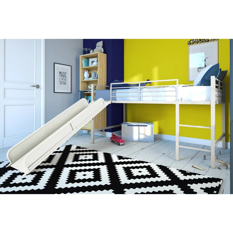 A twin size loft bed with full-length wooden guardrails on the top bunk.
