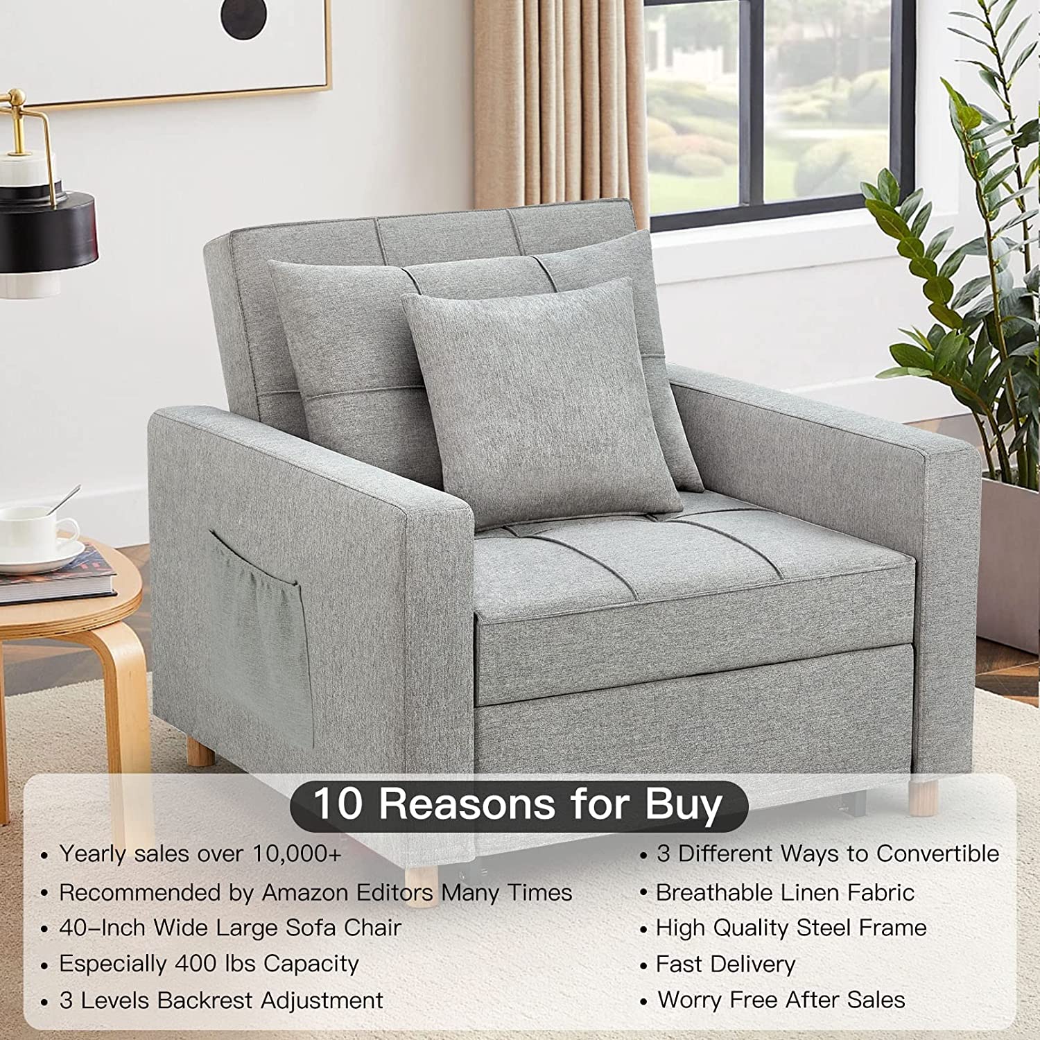 Chair bed with removable gray fabric cover shown next to a window.