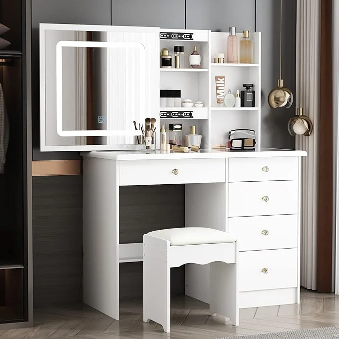 Vanity Stool Set With Sliding Lighted Mirror & Transparent glass panel - Kendale Home