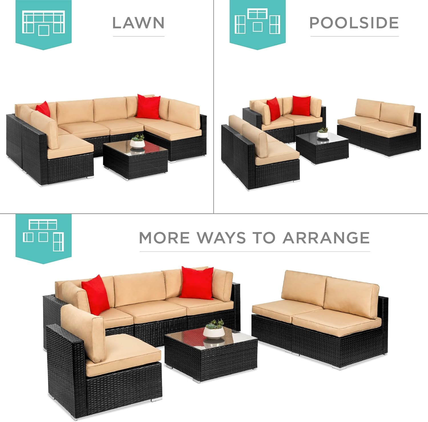 Modular outdoor wicker sectional sofa arranged on a patio