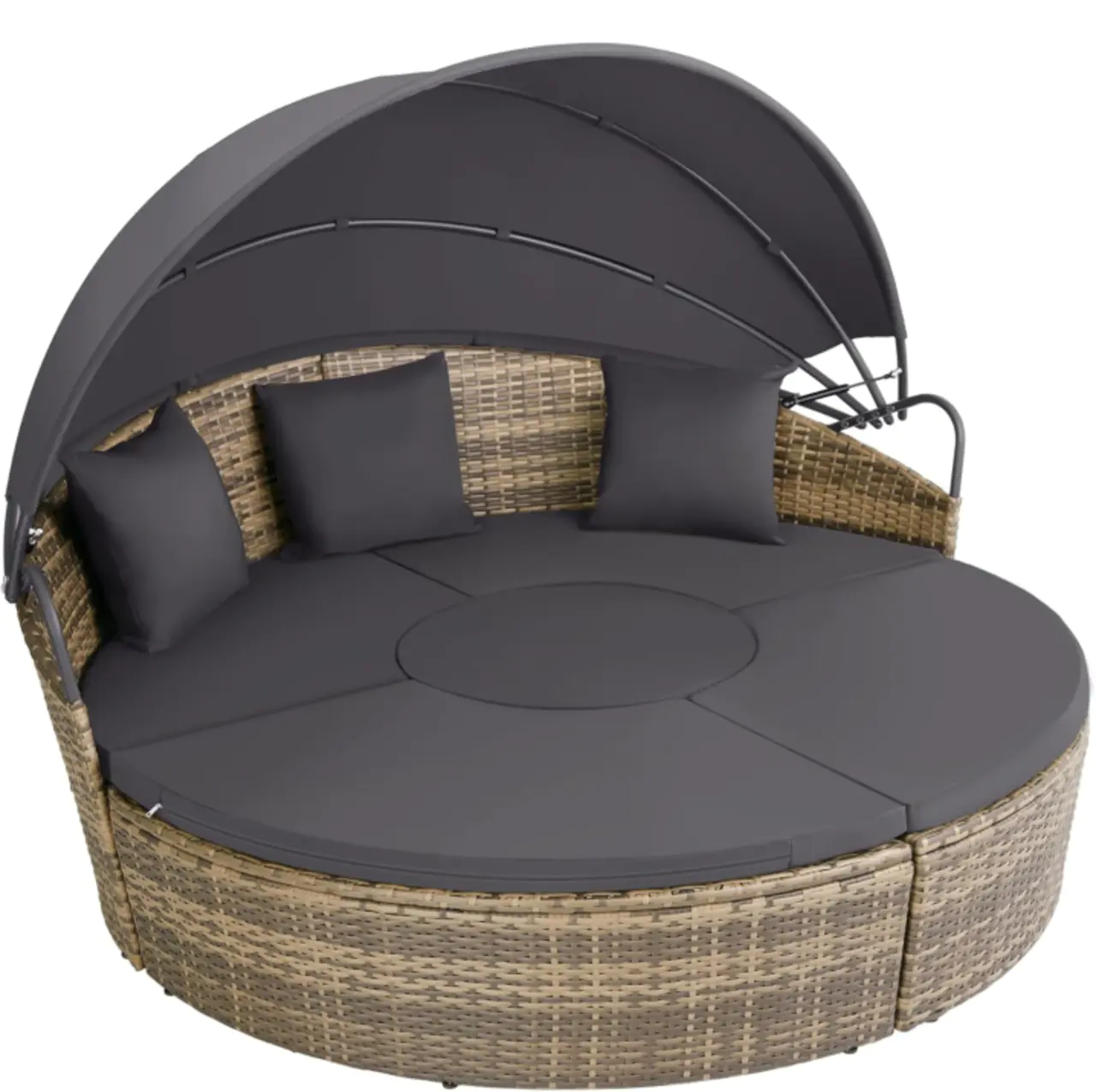 Waterproof rattan hanging egg chair for patio suspended from a sturdy stand.