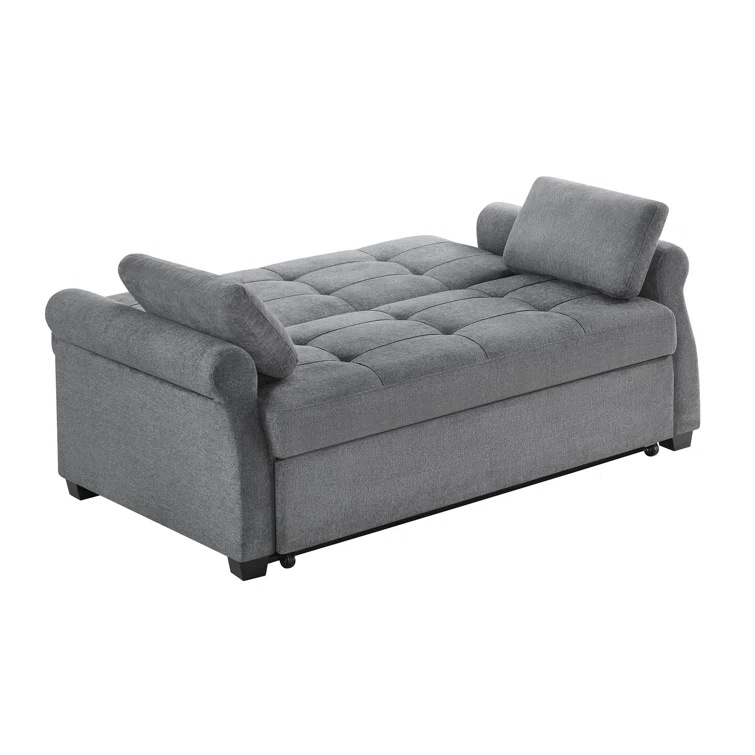 Convertible sofa bed with tufted detailing and rolled arm design.