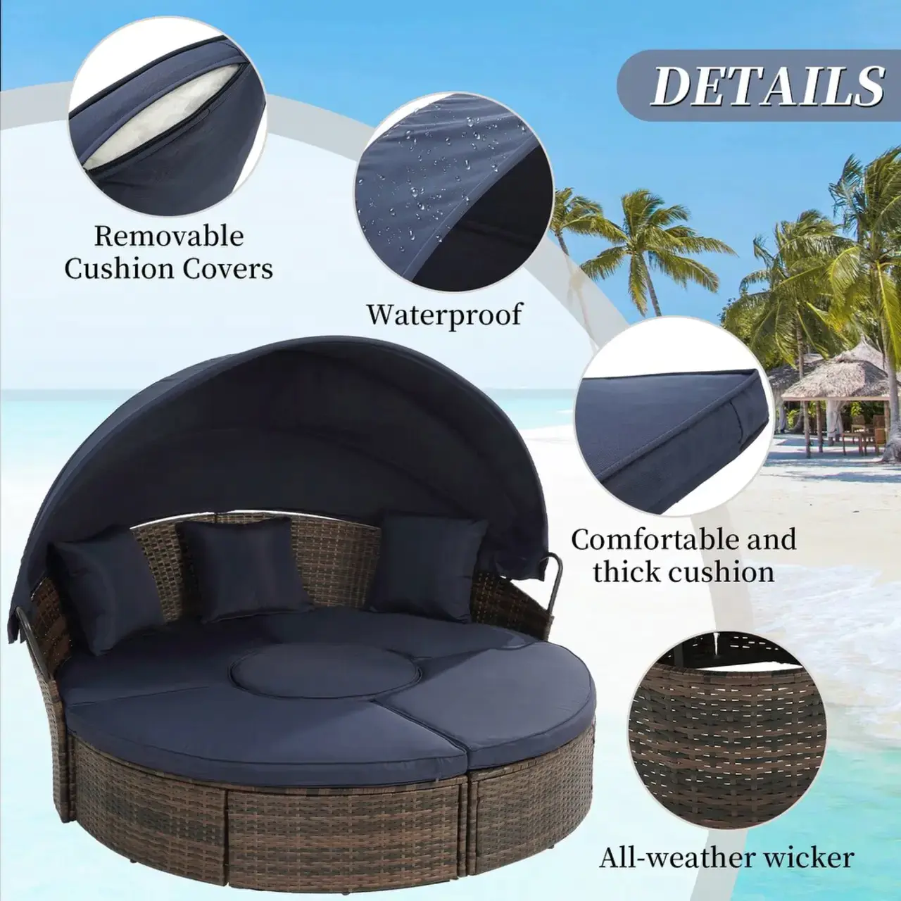Waterproof rattan hanging egg chair for patio suspended from a sturdy stand.
