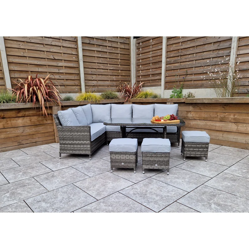 Spacious outdoor sectional with beige cushions on a deck