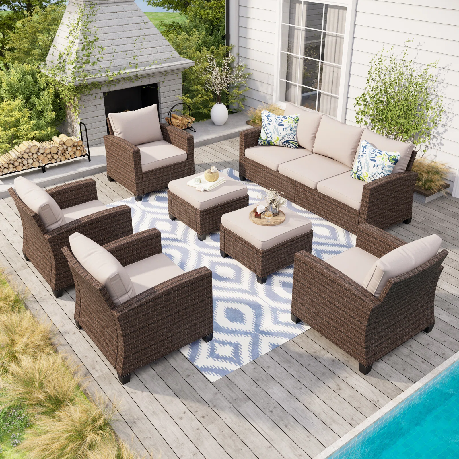 Garden furniture set with cushions on a covered patio