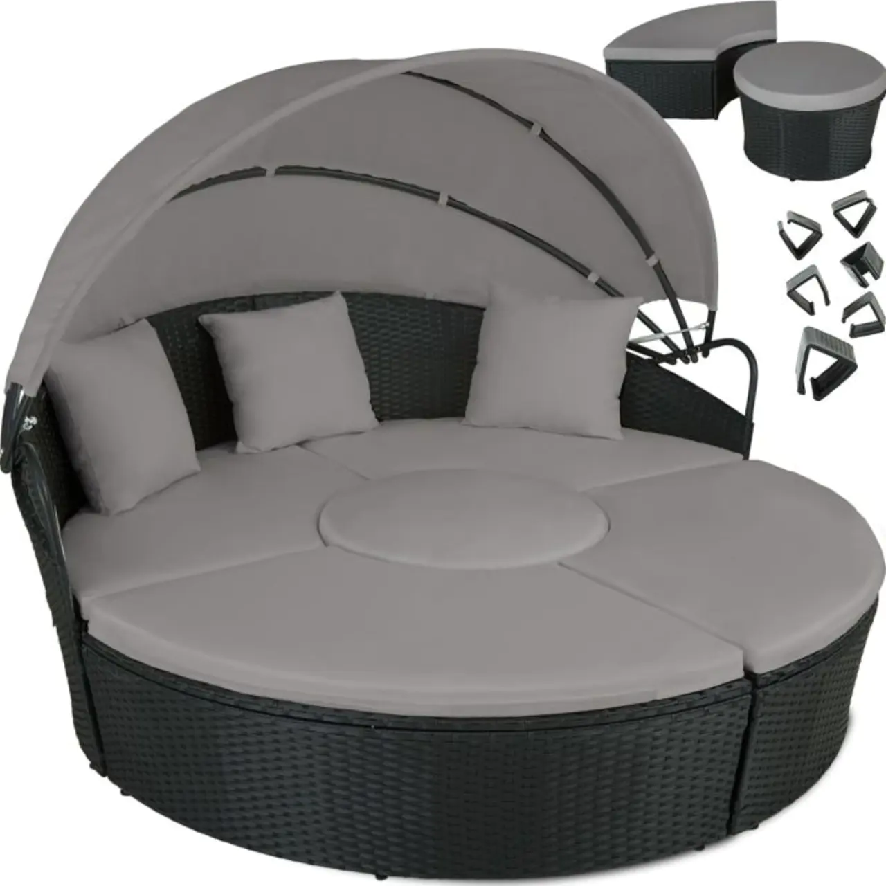 Modern outdoor sun pod lounger with beige cushion and matching footrest.