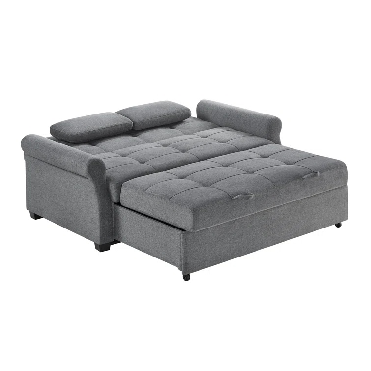 Queen size sleeper sofa in a neutral dark gray fabric.
