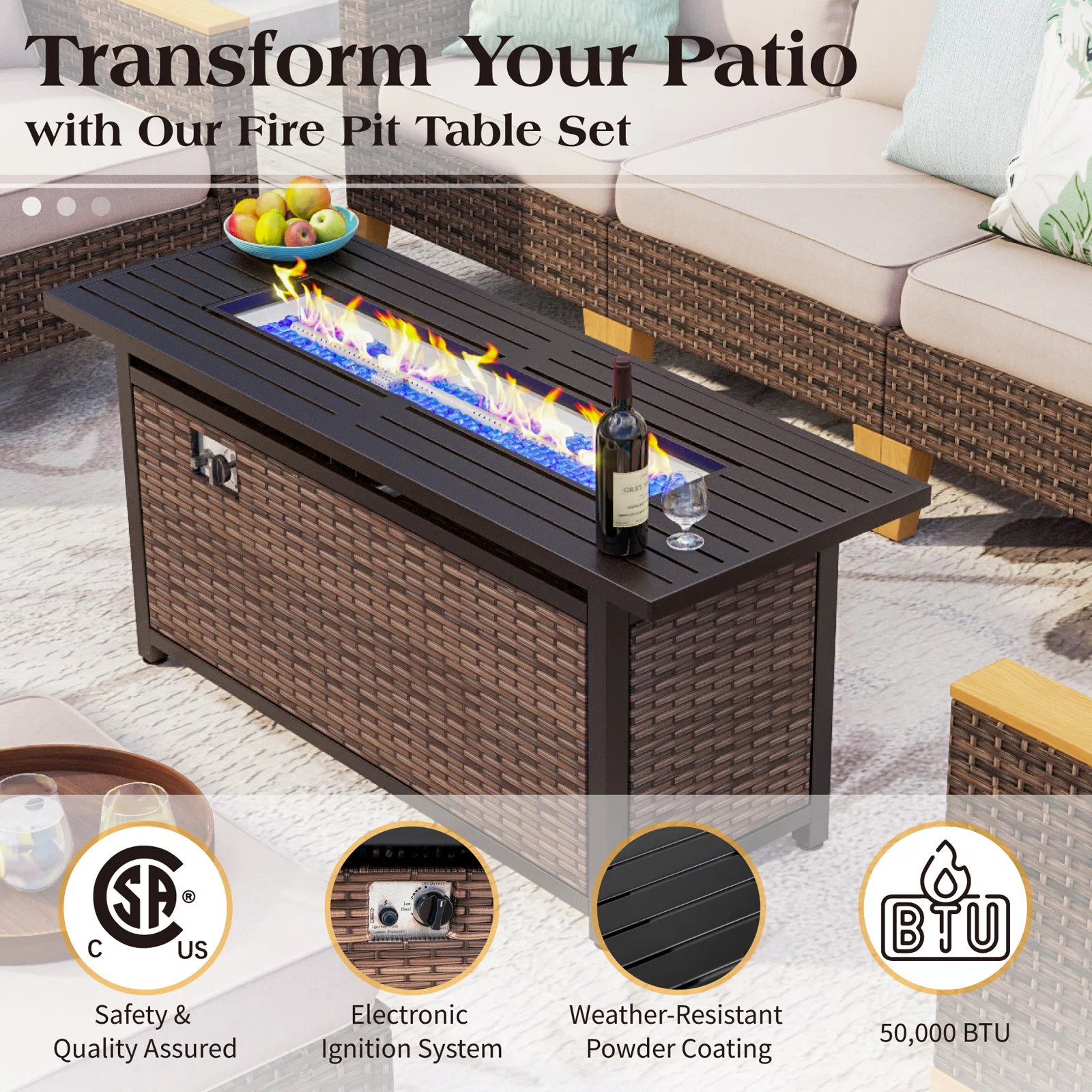 Outdoor lounge set with thick, comfortable cushions for seating.