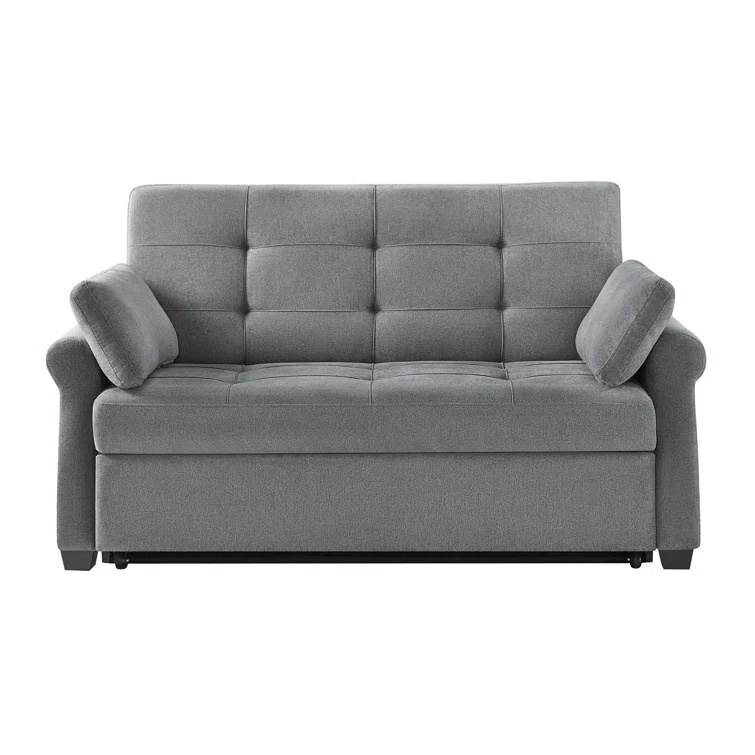 Convertible sofa bed with tufted detailing and rolled arm design.