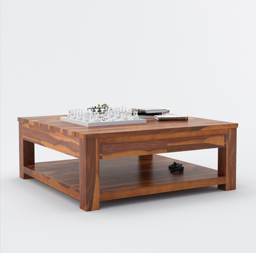 Contemporary square coffee table grounding a cozy seating area.