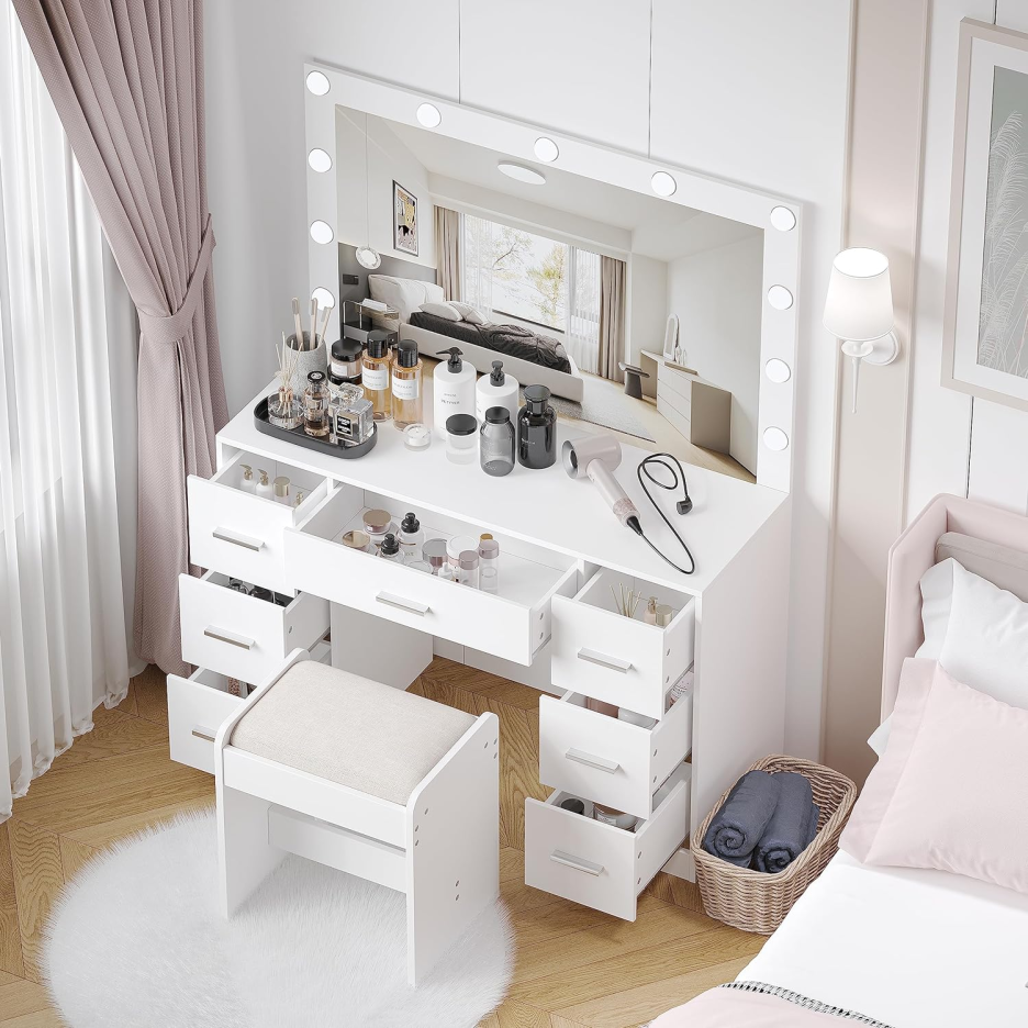 Vanity Desk with Stool. Makeup Table with Lighted Mirror. 3 Color Lighting Modes. Brightness Adjustable. Dressing Table - Kendale Home