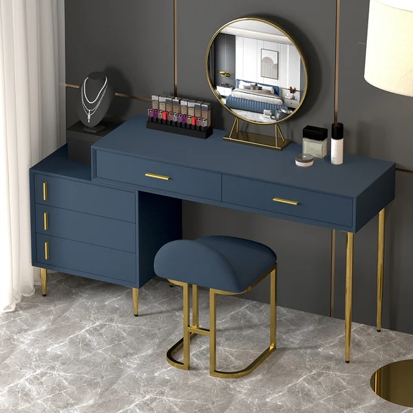 Modern Blue Makeup Vanity Set Retracted Dressing Table Cabinet&Stool&Mirror Included - Kendale Home