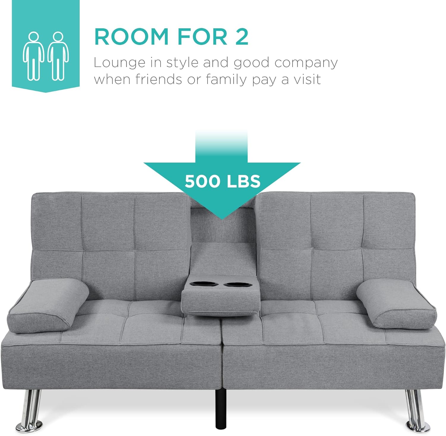 Futon sofa bed unfolded for overnight guests.