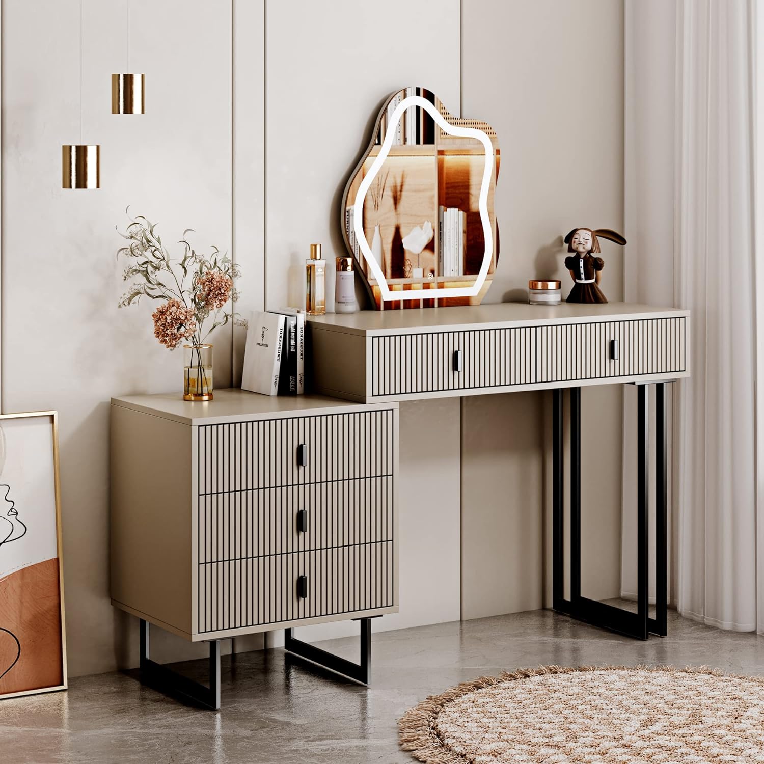 leejdn Dresser with 3 Color Touch Screen Dimming Mirror. Modern Makeup Dresser with Adjustable Cabinets and 4 Sliding Drawers. Powder Room. Bedroom Dresser Set - Kendale Home