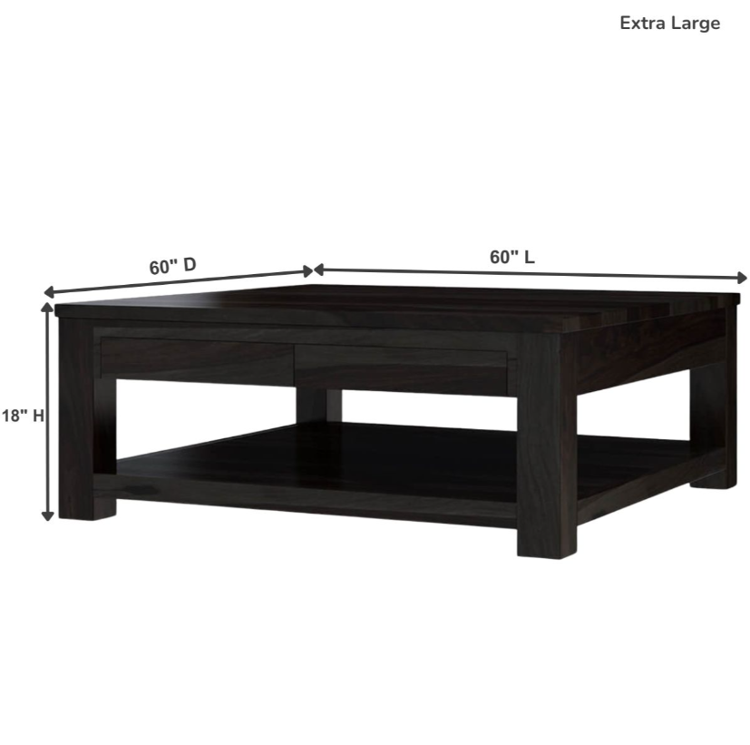 A large square coffee table with a clean contemporary design in a living room.