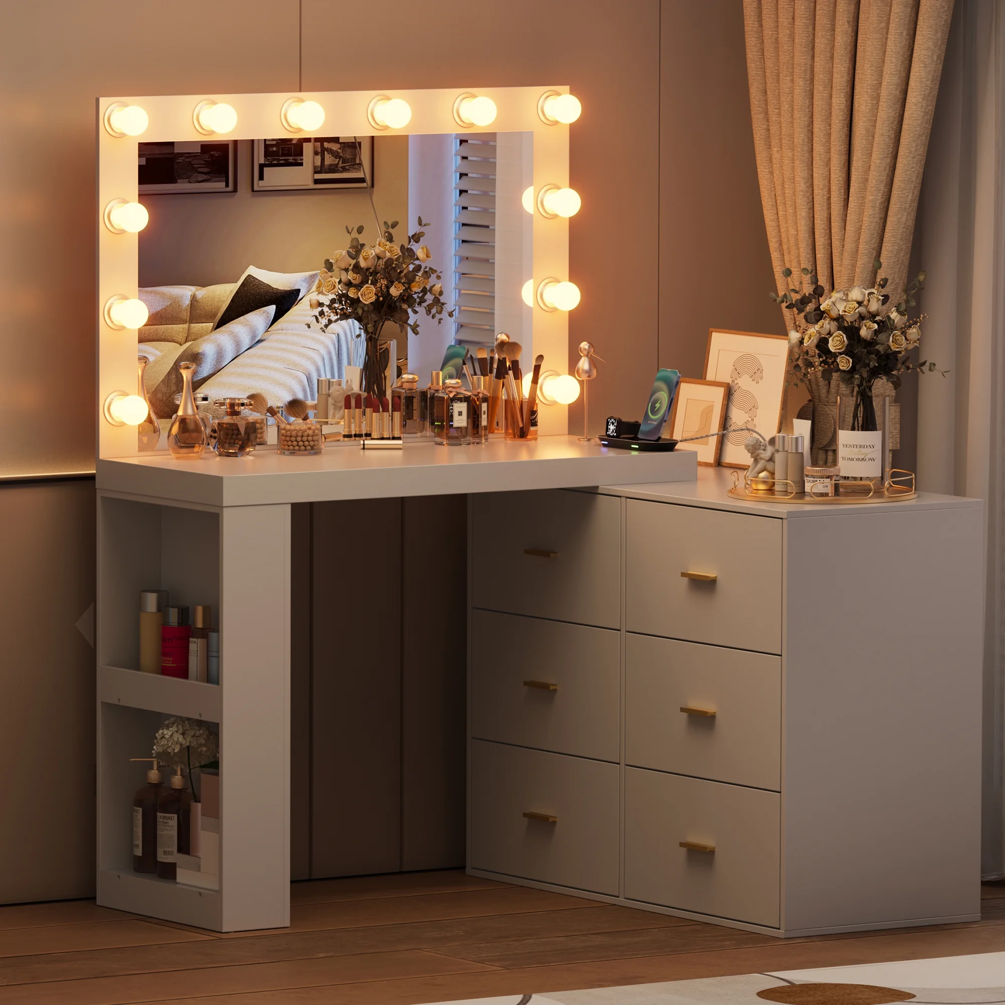PAKASEP Makeup Vanity Desk with Mirror. 3-Color Lights. Charging Station. 6 Drawers. and Side Storage Shelves for Bedroom. White Vanity Dressing Table - Kendale Home
