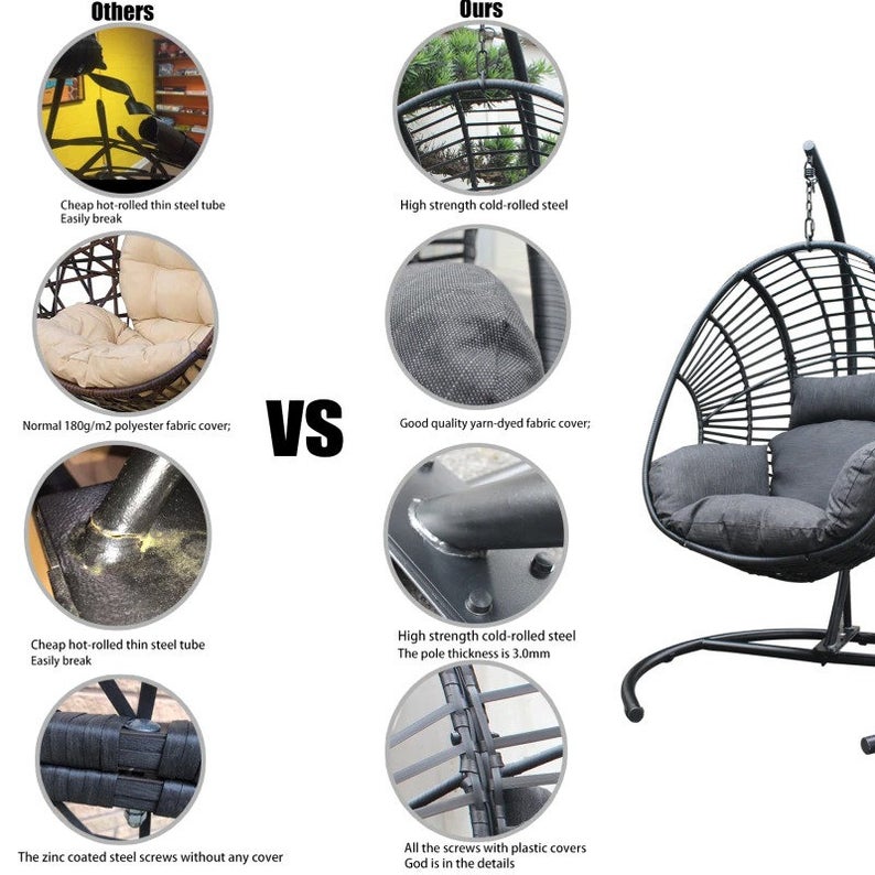 The egg chair hanging from its included black metal stand outdoors.