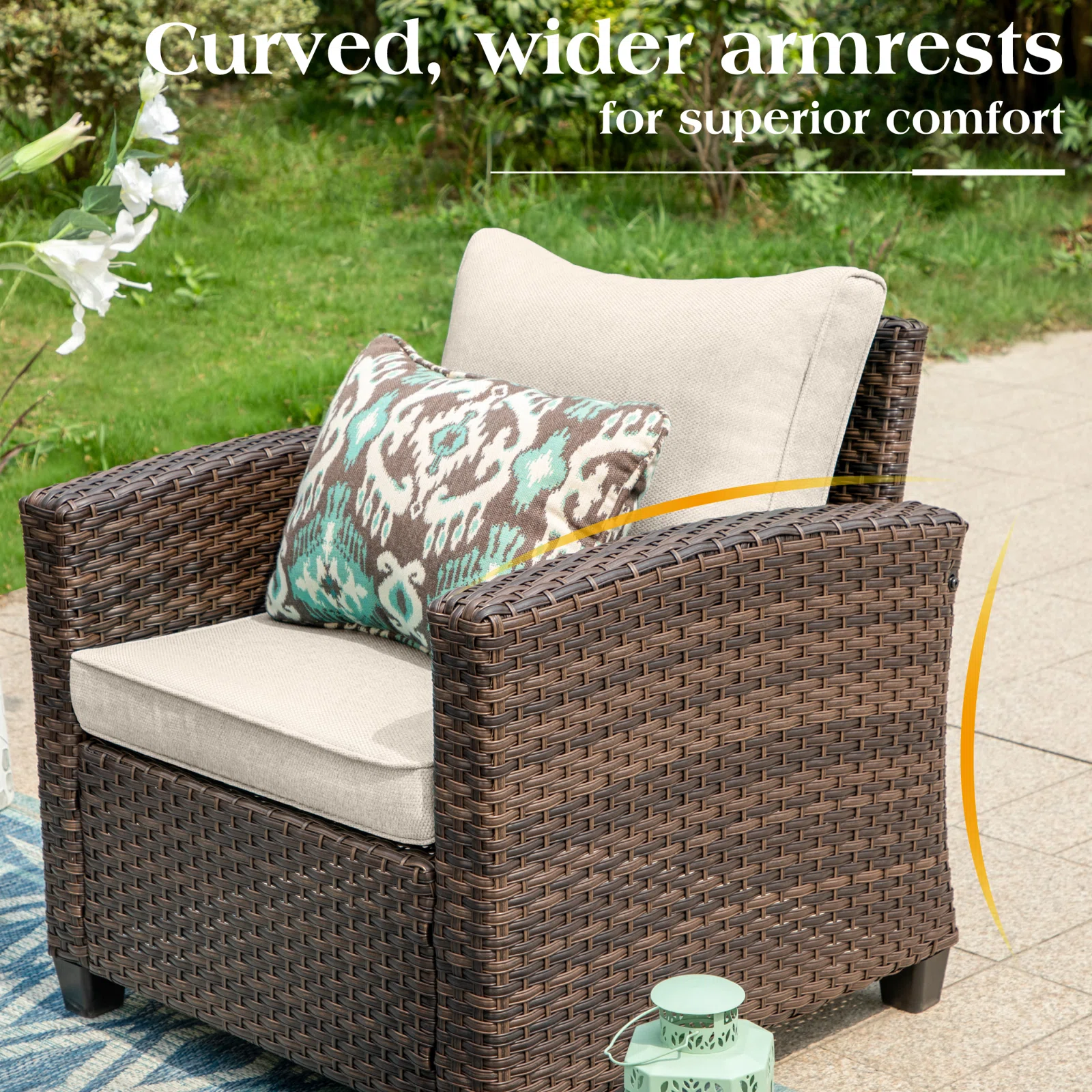 Garden furniture set with cushions on a covered patio